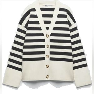 Cream and Navy Striped Cardigan